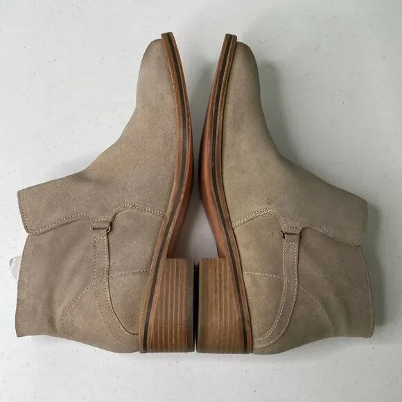 Diba True Caspian Suede Distressed Pull-On Bootie Low Stack Heel Square Toe Beig